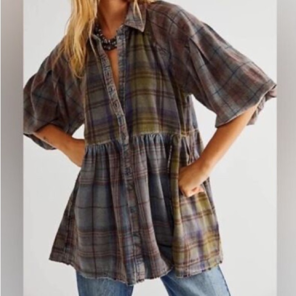 Free People Moon Bay Mixed Plaid Shirt Size Small
